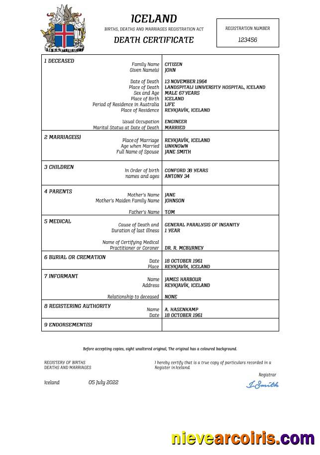Iceland vital record death certificate